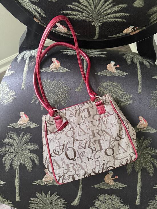 Vintage Handbags - Vintage Y2K Monogram Canvas Shoulder Bag Red Croc Trim Mini Tote Purse